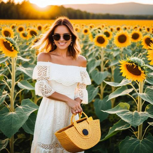 Woman in White Dress in Sunflower Field at Sunset