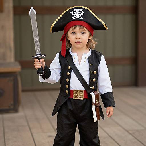 Photograph of a young child dressed as a pirate, wearing a black tricorn hat, white shirt, black vest, and holding a sword, with