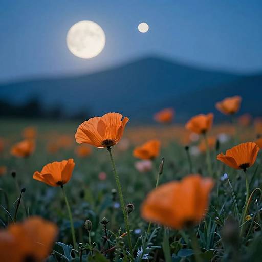 Photograph of vibrant orange poppies in a field under a glowing full moon, with a dark blue mountain silhouette in the background.