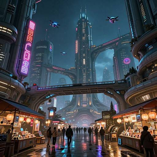 Neon-lit futuristic market street under towering, cyberpunk skyscrapers with flying drones, bustling with people, illuminated stalls, and vibrant neon signs