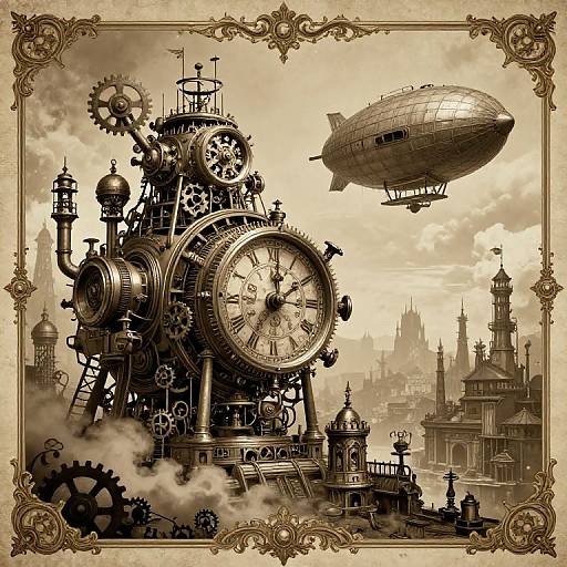 Sepia-toned steampunk illustration: intricate clockwork machine with gears, a massive clock face, and a blimp in a fantastical city