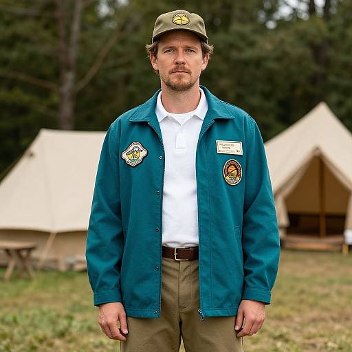 Photograph of a bearded man in a green jacket, white shirt, and khaki pants, standing in front of two beige tents in a grass