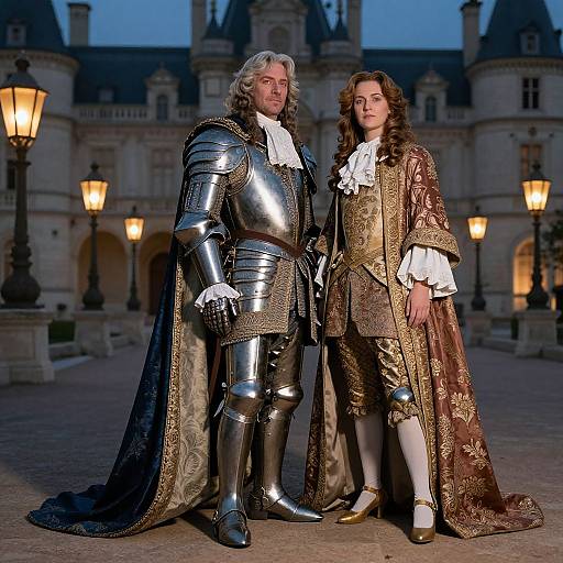Photograph of a 17th-century scene featuring an elderly man in gleaming silver armor and a younger man in an ornate brown velvet suit,