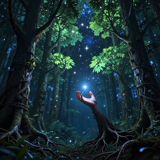 Photograph of a glowing, ethereal hand reaching up through a dark, enchanted forest, surrounded by starry blue and green leaves.