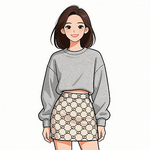 Digital anime-style drawing of a smiling woman with short black hair, wearing a gray sweatshirt and white floral skirt against a white background.