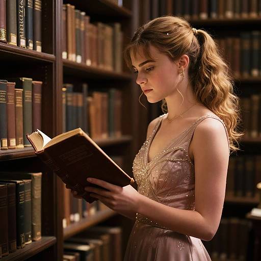 Young woman with brown hair in a ponytail, wearing a sparkly lavender dress, reads a book in a dimly lit library.