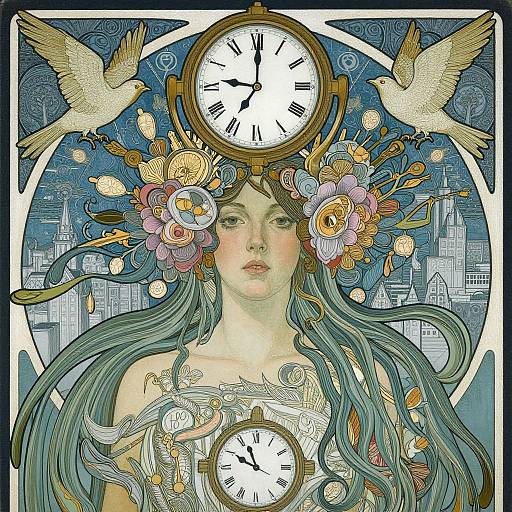 Digital artwork of a pale-skinned woman with long teal hair, floral crown, and two white doves, surrounded by clocks, flowers, and a