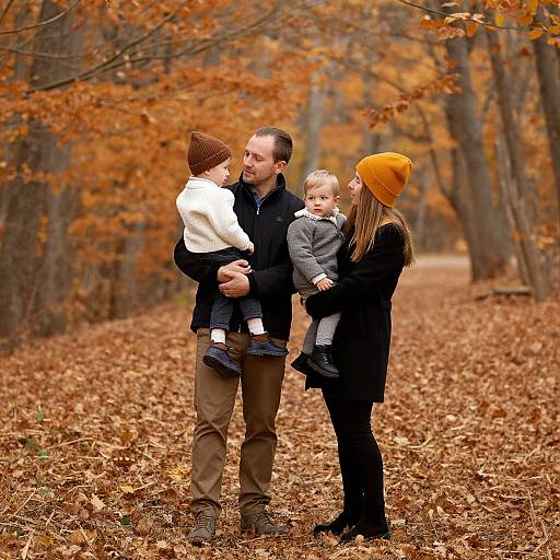 Photograph of a family in autumn forest; father in black coat holds son in white sweater, mother in orange beanie, black coat stands beside toddler