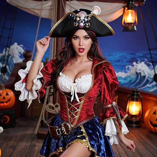 Photograph of an Asian woman in a pirate costume with a red velvet corset, white lace bust, blue velvet skirt, black tricorn hat,