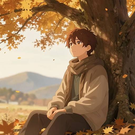 Anime-style drawing of a young man with short brown hair, wearing a beige coat and scarf, sitting under an autumn tree with golden leaves, gazing