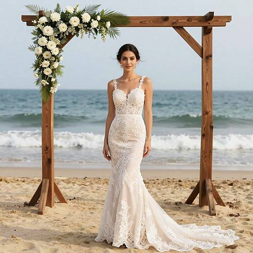 Photograph of a bride in a white lace mermaid-style wedding dress standing in front of a wooden arch adorned with white flowers on a sandy beach with