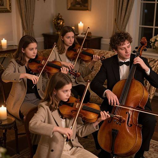 Photograph of four young violinists, three women and one man, in formal attire, playing in a warmly lit, elegant room with candles.