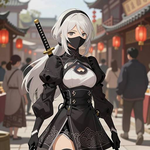 Anime Woman with Katana in Asian Market