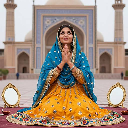 Photograph of a smiling Indian woman in a vibrant blue and yellow traditional lehenga with floral embroidery, hands in prayer pose, in front of a grand