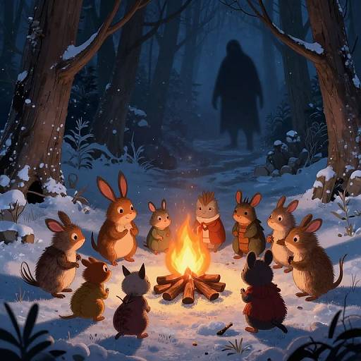 Digital illustration of nine anthropomorphic rabbits gathered around a campfire in a snowy forest, with a shadowy figure in the background. Warm firelight contrasts