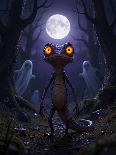 Digital artwork of a frog with glowing orange eyes in a dark forest under a full moon, surrounded by ghostly figures.