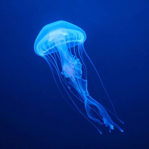 Photograph of a glowing blue jellyfish with translucent, flowing tentacles against a deep blue ocean background, highlighting its ethereal, bioluminescent