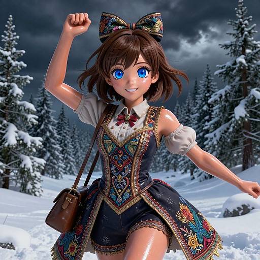 Dynamic Anime Girl in Snowy Forest