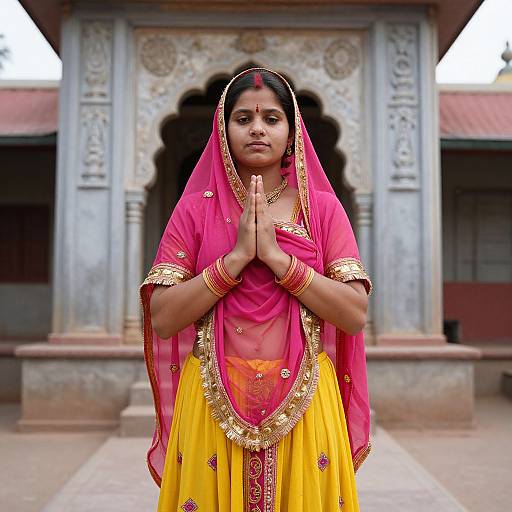 Photograph of an Indian woman in a vibrant pink and yellow traditional saree, standing with hands in prayer, in front of a ornate stone building