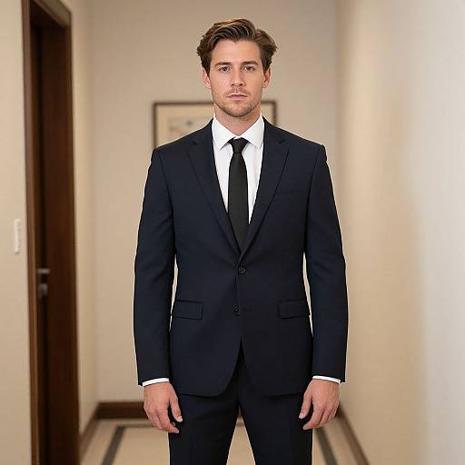 Photograph of a handsome, young Caucasian man with light brown hair, wearing a black suit, white shirt, and black tie, standing in a narrow