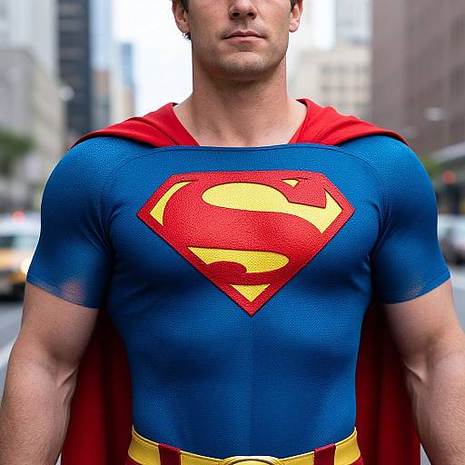 Photograph of a muscular man with short brown hair, wearing a blue Superman shirt with a red and yellow 