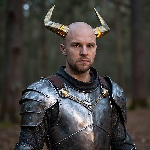 Photograph of a bald, muscular man with golden horns, wearing shiny silver armor, standing in a dark, forested background. Intense expression,