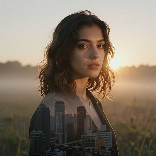 Photograph of a young woman with wavy brown hair, wearing a black shirt with cityscape print, standing in a misty field at sunset,