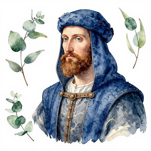 Digital painting of a bearded man with blue hood and robe, adorned with leafy branches, in medieval style.