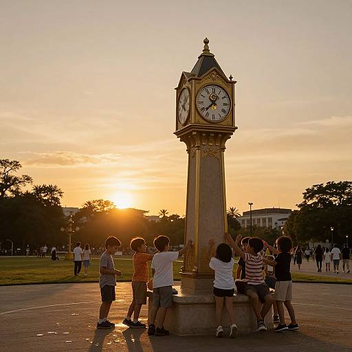 Photograph of children standing around a tall, ornate clock tower at sunset, with a golden sky and sun glowing behind them.