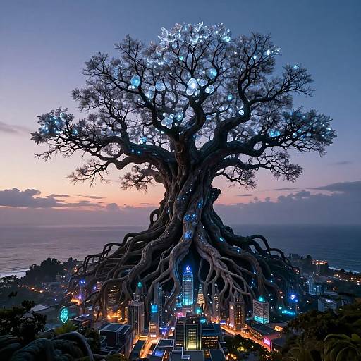 Photograph of a giant, illuminated tree with glowing blue orbs, sprawling roots, and city lights at sunset, overlooking an ocean.