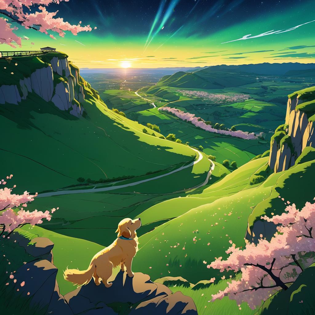 Golden Retriever Overlooking a Serene Valley