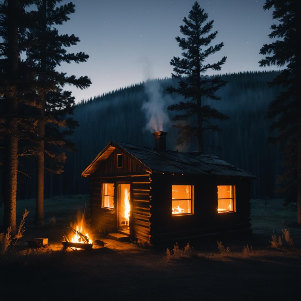 Dramatic Firelit Abandoned Cabin Scene