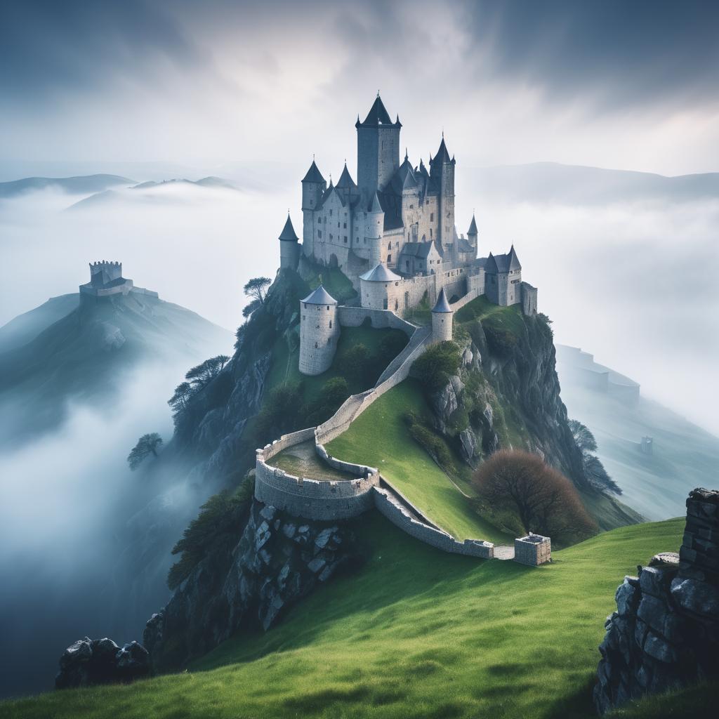 Mysterious Ancient Castle in Misty Landscape