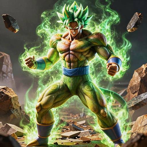 Digital art of Super Saiyan Goku with green aura, muscular physique, spiky green hair, blue pants, and broken rocks around.