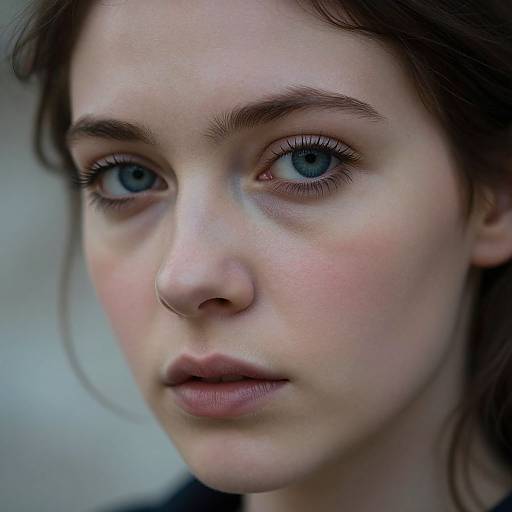 Close-up photograph of a young woman with pale skin, blue eyes, and brown hair, looking slightly to the side with a serious expression.