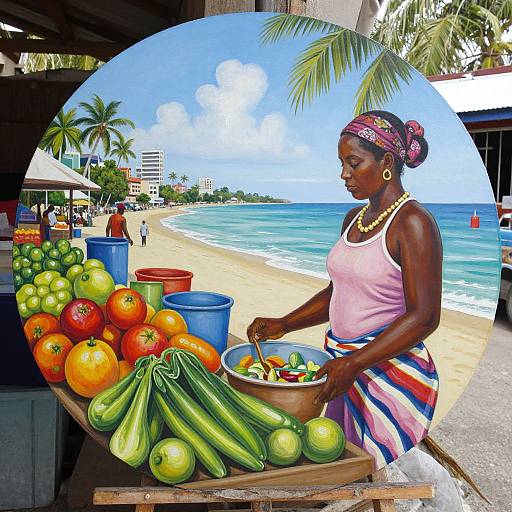 Photograph of a dark-skinned woman with a headscarf, pink tank top, and striped skirt, selling cucumbers and tomatoes at a