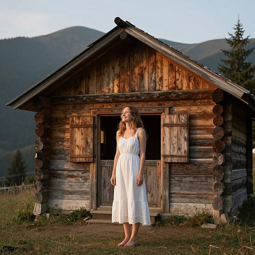 Photograph of a young woman in a white sundress standing in front of a rustic wooden cabin with mountain backdrop.