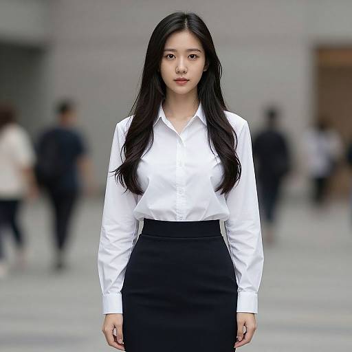 Photograph of an Asian woman with long black hair, wearing a white blouse and black skirt, standing in a blurred urban background.