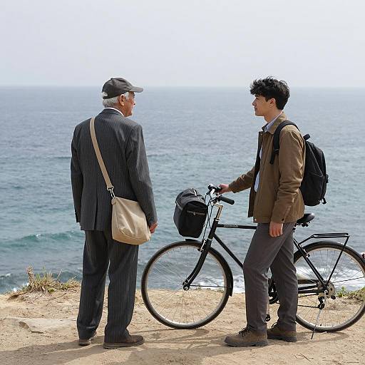 Two Men Standing by Ocean Cliff with Bicycle