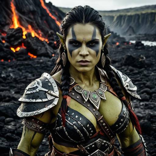 Fierce Female Orc Warrior in Volcanic Battlefield
