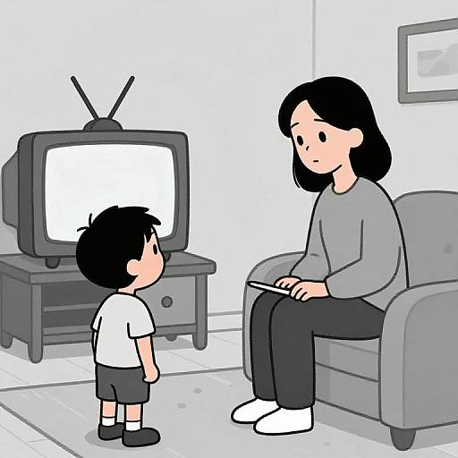 Digital drawing of a black-haired woman in a gray sweater sitting on a gray couch, holding a pointer, talking to a black-haired boy in a white