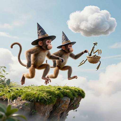 Digital illustration: Two whimsical monkeys in witch hats leap from a grassy cliff, flying a basket with a spider and cloud.