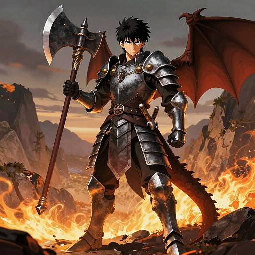 Brave Dragon Slayer in Fiery Landscape