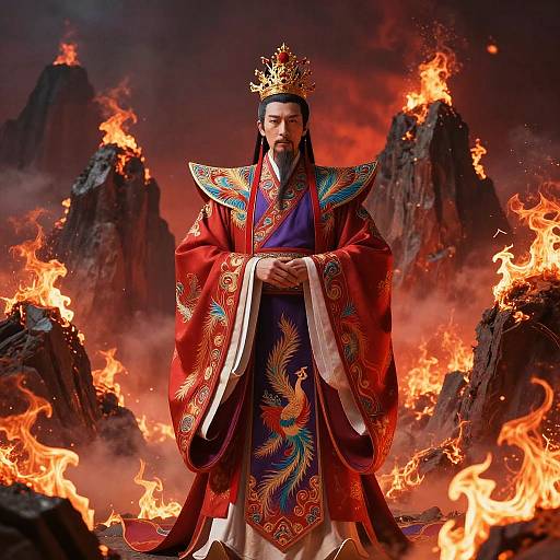 Photograph-like digital artwork of an Asian man in ornate red and blue royal robes with gold embroidery, crown, standing amidst fiery mountains.