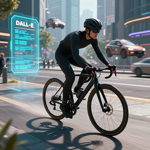 Digital illustration of a cyclist in black gear and helmet, wearing sunglasses, riding a bike on a city street with futuristic neon 