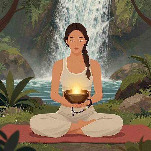 Digital illustration of a woman with dark hair in a braid, meditating in lotus position by a waterfall, holding a lit candle in a bowl