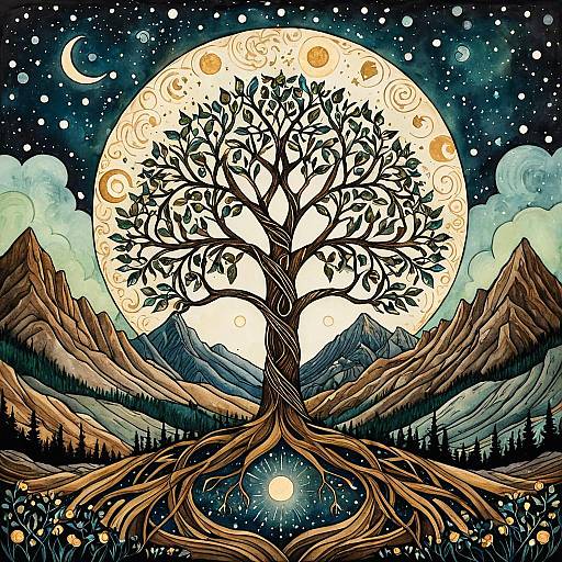 Stylized Tree of Life with Moon and Mountains