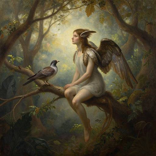 Digital painting of a winged, angelic woman with brown hair, white dress, and black wings, sitting on a tree branch, gazing at