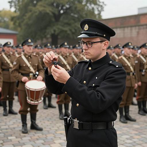 Soldier in Black Uniform Handling Toy Spider During Military Assembly