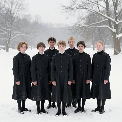 Photograph of seven people in black coats standing in a snowy landscape, with bare trees in the background. Snow falls gently, creating a serene winter scene